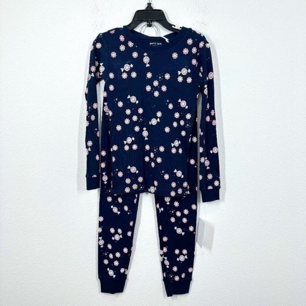 Petit Lem Holiday Long Sleeve Pajama Set Navy Blue Peppermint Candy‎ Christmas